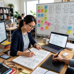 Two designers working on app wireframes and user flow on paper and laptop